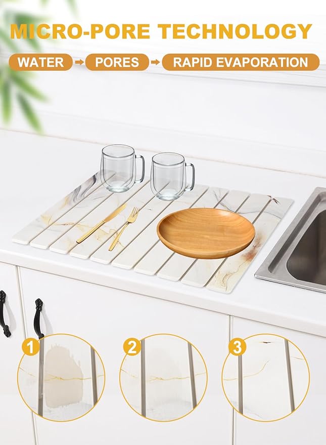 Large Stone Drying Mat for KitchenCounter,24"(L)×16"(W),Collapsible Absorbent Diatomaceous Earth Dish Drying Mat,Quick-Dry Draining Mat for Dishes Cookware Bottles Cups, Match Any Countertop
