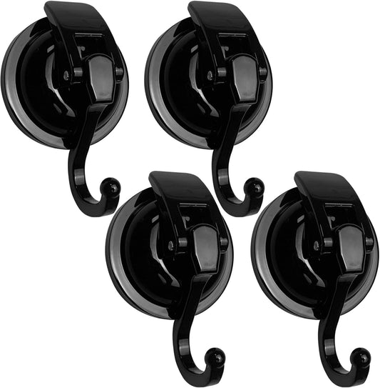 Heavy Duty Suction Cup Hooks for Shower, Bathroom Robe, Garland Decoration - Vacuum Glass Hooks, Reusable, No Hole Punched (Black, 4 Pack)