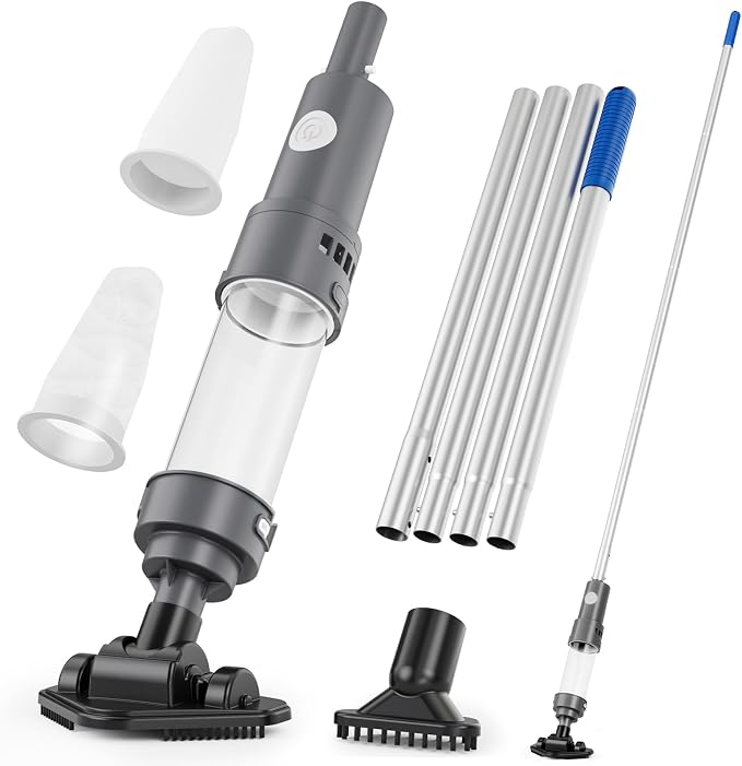 3 in 1 Cordless Spa Hot Tub Vacuum, Handheld Pool Vacuum for Small Above Ground Pool with 2 Brush Heads & 2 Filter Bags, 12 GPM Suction, 66.14" Pole, Rechargeable, 60min, One Click Activation