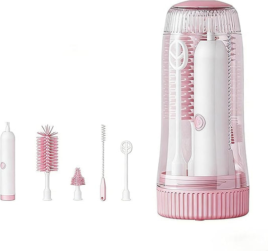 Portable Electric Silicone Bottle Brush Set, 7-in-1 UV LIGHT USB Charging, Nipple/Straw Cleaner, Milk Mixer, Built-in Drying Rack & Storage Case, BPA-Free, IPX7, On-the-Go for New Parents (Blush)