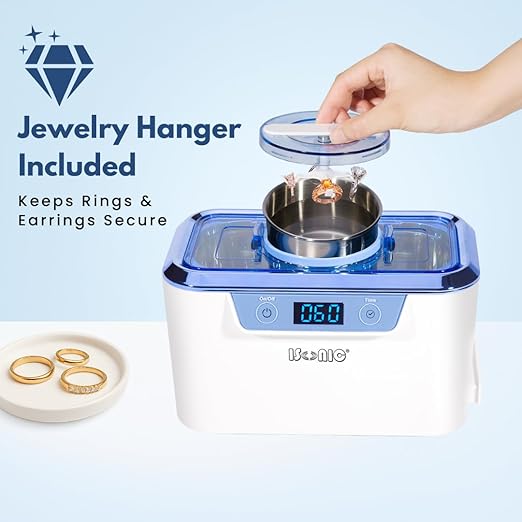 iSonic® DS310-WS+CSGJ01 Miniaturized Commercial Ultrasonic Cleaner with Integrated Stainless Steel Beaker Holder Set, White and Sapphire Blue, with a Bottle of Cleaning Solution