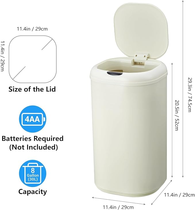 GAOMON 8 Gallon/30L Motion Sensor Trash Can, Touchless Automatic Stainless Steel Garbage Bin with Lid for Bathroom, Living Room, Home Office, Beige