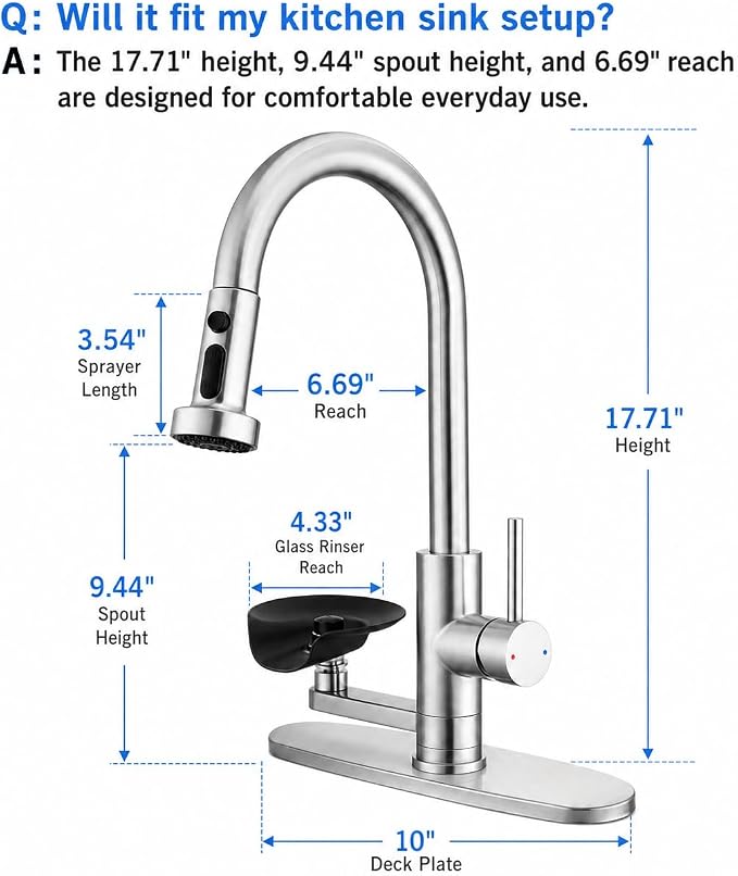 Kitchen Faucet with Glass Rinser, Pull Down Sink Faucet with 3 Spray Modes and High Pressure Glass Rinser, Single Hole 2 in 1 High Arc Stainless Steel Kitchen Faucets (Brushed Nickel)