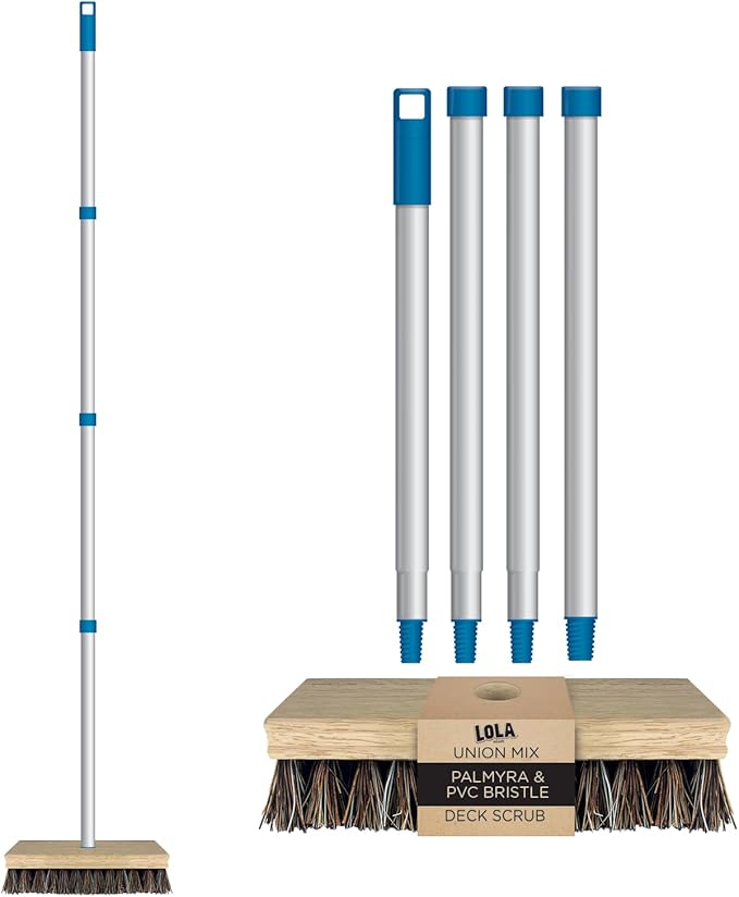 LOLA Deck Scrub Brush, 9" x 3.5" Head w/Palmyra & PVC Bristles for Outdoor Cleaning, Removes Dirt & Grime from Patios, Decks, Grout, 1 CT