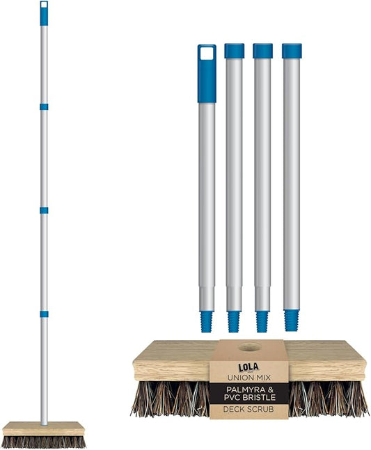 LOLA Deck Scrub Brush, 9" x 3.5" Head w/Palmyra & PVC Bristles for Outdoor Cleaning, Removes Dirt & Grime from Patios, Decks, Grout, 1 CT