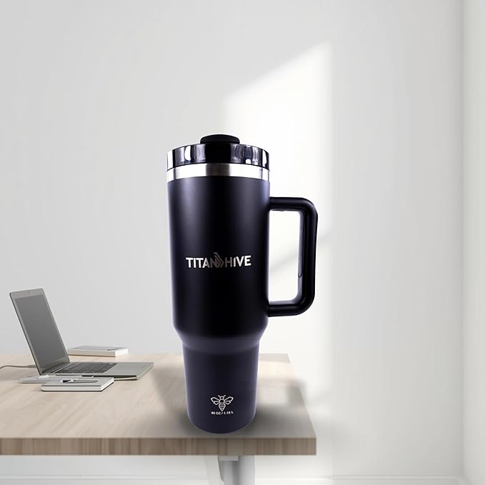 40 oz Insulated Stainless Steel Tumbler with Handle and Straw - Leak Resistant, Cup Holder Friendly Travel Mug (Matte Black)