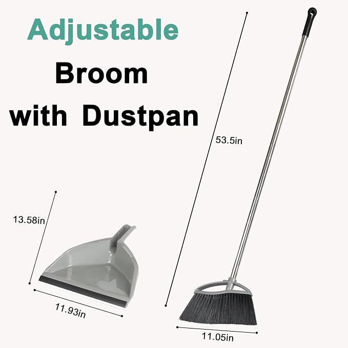 Soft Bristle Broom and Dustpan Combo Set, Long Handle Indoor Broom with Dustpan Set for Kitchen Hardwood Room Office and All Household Floor Cleaning (Gray)