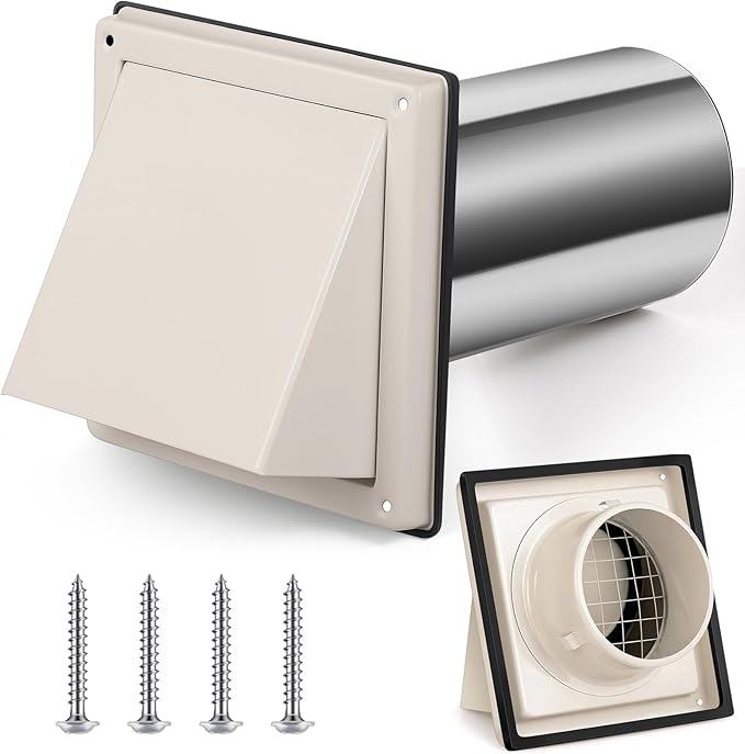 Gisafai 4" Outside Dryer Vent Cover for Exterior Walls Exhaust Vent Cap with Removable Extension Pipe Stainless Steel Hood Cushioned Non Return Flap with Sealing Gasket Grille Screen, Tan