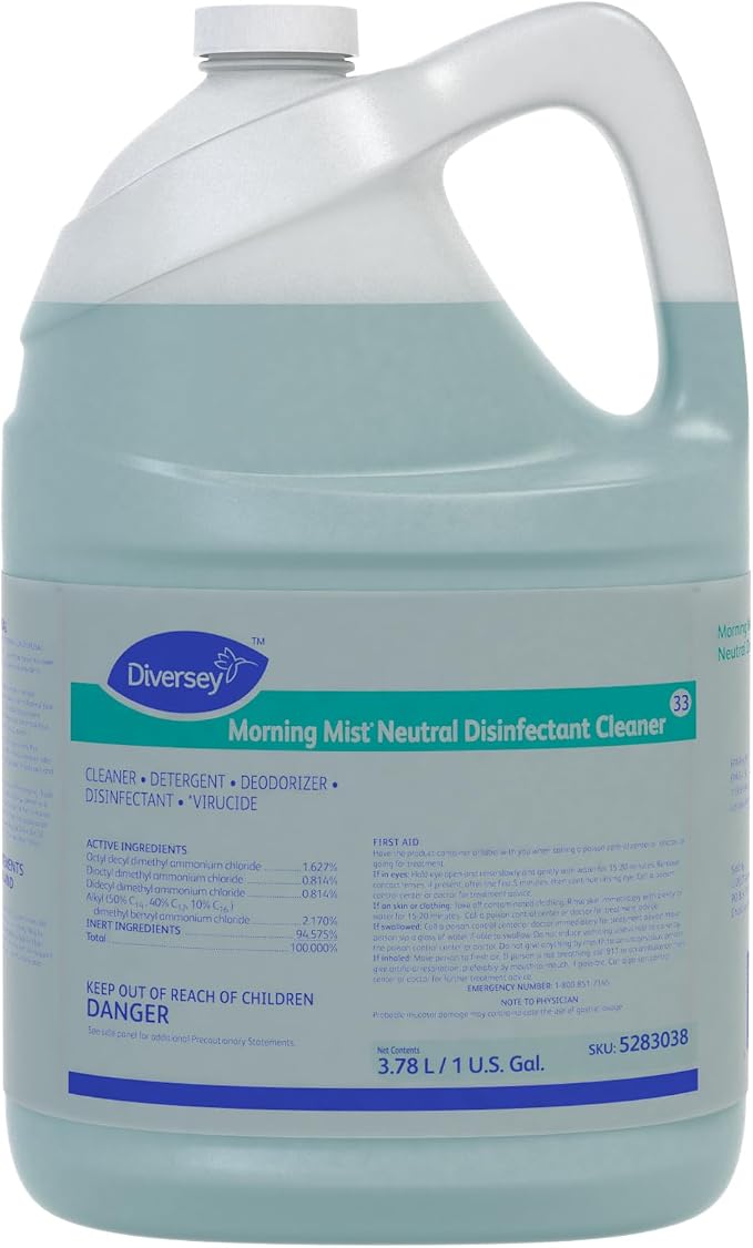 Diversey 5283038 Morning Mist Neutral Disinfectant Cleaner, Neutral pH Multi Surface Cleaner, Liquid Concentrate, Fresh Scent, 1-Gallon