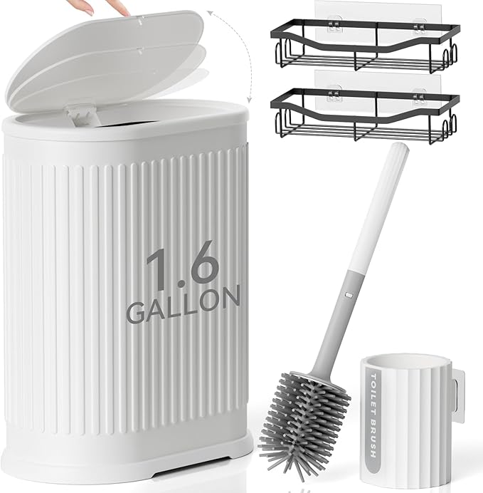 Small Bathroom Trash Can with Toilet Brush, 1.6 Gallon Black Stainless Steel Garbage Can with Lid,Slim Wastebasket with Shower Caddy for Bathroom Bedroom