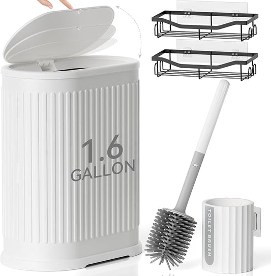 Small Bathroom Trash Can with Toilet Brush, 1.6 Gallon Black Stainless Steel Garbage Can with Lid,Slim Wastebasket with Shower Caddy for Bathroom Bedroom