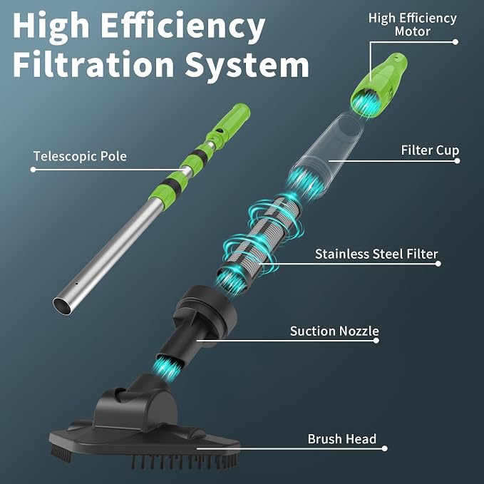 Cordless Pool Vacuum, Handheld Pool Cleaner with Telescopic Pole for Hot Tubs, Spas, Above Ground and Inground Pools Cleaning for Sand and Debris