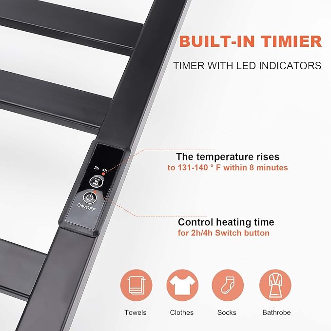 Towel Warmer Heated Towel Rack-Bar - Nopwer Bathroom Wall Mounted Electric Towel Drying Matte Black 10 Bar Plug-in