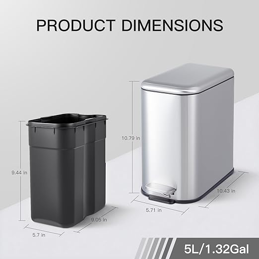 Garvee Bathroom Trash Can with Lid, 1.3 Gallon / 5 Liter Stainless Steel Garbage Can with Removable Liner Bucket, Small Step Wastebasket with Slim Design for Toilet Bedroom Office, Silver