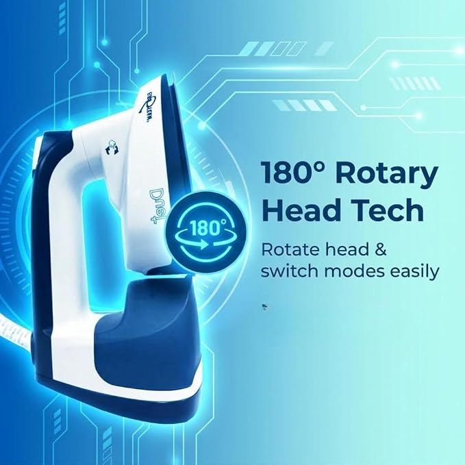 Eurosteam Duet 2-in-1 Iron & Garment Steamer with 180° Rotary Head | 1000W 2-in-1 iron and garment steamer. Features patented 180° rotating head, ceramic soleplate & removable tank.