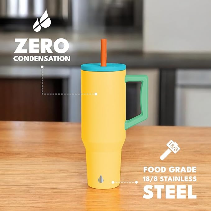 Elemental 40 oz Tumbler with Handle and Straw - Spill Proof Insulated Stainless Steel Commuter for Cold Beverages - Travel Coffee Mug with 2 Straws & Spill Proof Lid - 40oz - Lemon Zest