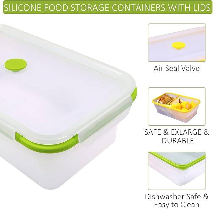 Set of 2 Extra Large Translucent Collapsible Silicone Food Storage Containers With Lids,82.8oz + 60.2oz Meal Prep Bento Lunch Boxes, Durable, Microwave,Dishwasher and Freezer Safe,BPA Free