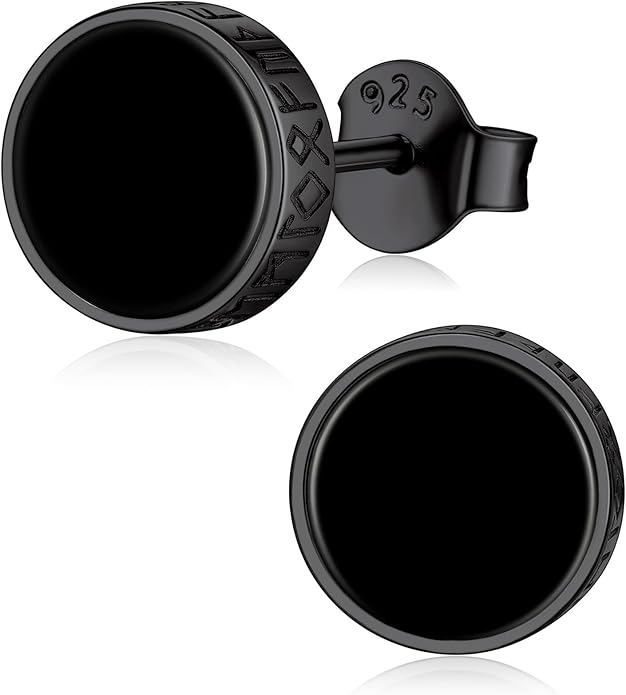 ChicSilver 925 Sterling Silver Viking Rune Natural Black Onyx Stud Earrings For Women Men