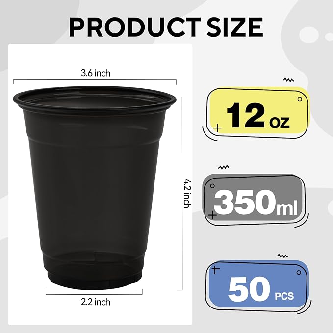 50 Pack Black Clear Plastic Cups 12 oz Disposable Drinking Cups for Wedding Black Birthday Party Supplies