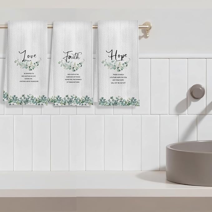 Faith Hope Love Christian Kitchen Towels, Sage Green Eucalyptus Religious Hand Towels for Bathroom Decor, Bible Verse Decor Dish Tea Towels for Kitchen Decor, 16x24 Inch Set of 3