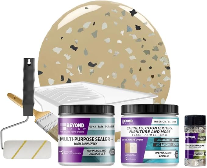 Beyond Paint Smoked Gray Flecks Countertop Makeover Kit with Paint, Sealer, Flecks, and Tools for Countertops, Linen