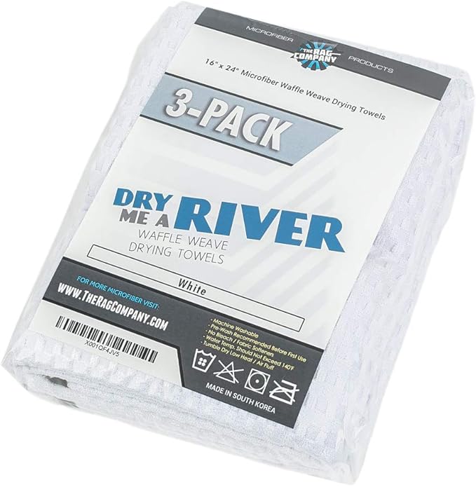The Rag Company Dry Me A River, Professional Korean 70/30 Blend Microfiber Waffle-Weave Drying & Detailing Towels, Soft Suede Edges, 390 GSM, 16x24 Inches, White, 3-Pack