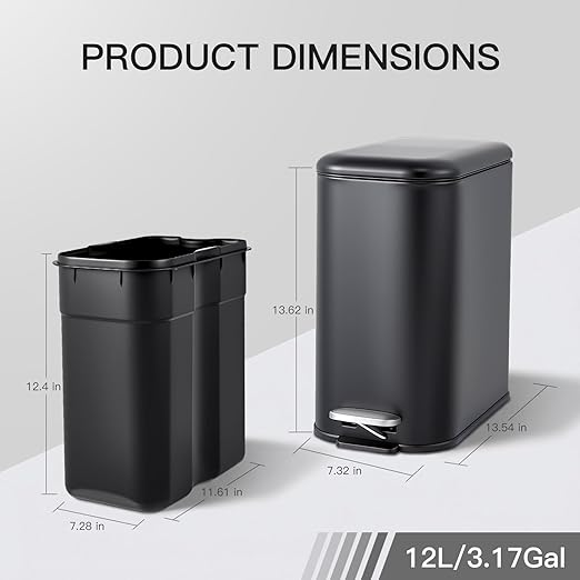 Bathroom Trash Can with Lid, 12L/3.2 gal Stainless Steel Step Trash Can, Slim Small Wastebasket with Removable Inner Bucket for Toilet Bedroom Office