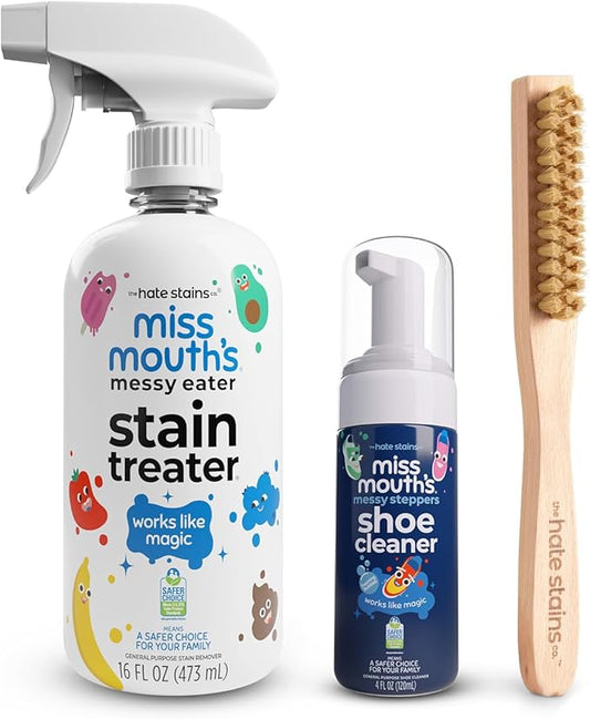 Miss Mouth's Messy Eater Stain Remover & Shoe Cleaning Kit - 16oz Spray, Messy Steppers Sneaker Cleaner & Laundry Brush - Spot Cleaner for Clothes, Carpet & Shoes