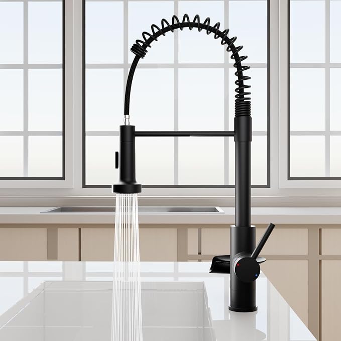 Kitchen Sink Pull Down Faucet with Cup Washer Single Handle Commercial Industrial Pull Out Spring Faucets with Glass Rinser fit 1 or 3 Hole for Farmhouse Camper Laundry Utility RV Wet Bar Matte Black