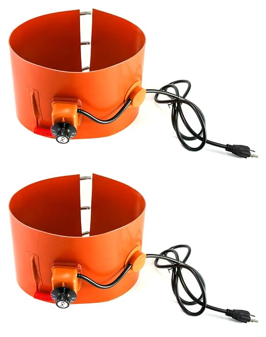 QWORK Drum Heater Band 2 Pack, 800W 120V 5 Gallon Pail/Barrel Wrap with Adjustable Thermostat 80-300°F, Insulated Silicone Heating Blanket with Spring Fit for Metal Oil Drum/Grease Keg
