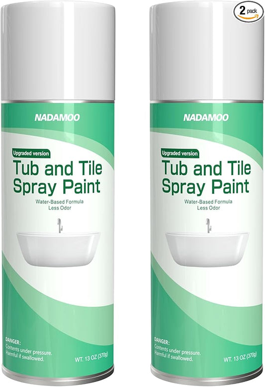 NADAMOO Water-Based Tub and Tile Spray Paint, Less Irritating Odor Aerosol Refinishing Paint for Bathroom Porcelain Bathtub Sink, 2 Cans, Semi-Gloss White
