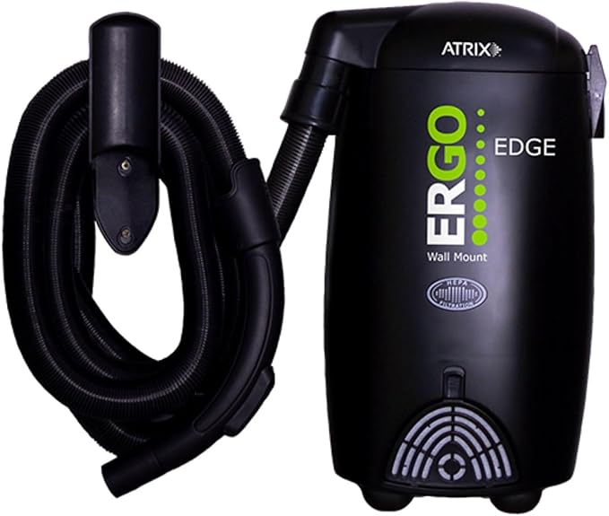 Atrix Ergo Edge Canister Shop Vac-Wall Mounted Garage Vacuum Cleaner with Built-in Dust Bag & Extendable Hose-Compact Black Design, 20 x 9 x 12