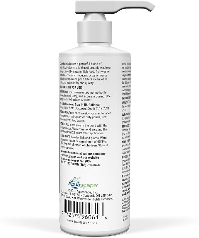 Aquascape Clean Water Treatment for Koi and Fish Ponds, Optimize Water Clearity and Quality, Easy to Use, Powerful Blend of Heterotrophic Bacteria, 8 Ounce / 236-ml | 96061