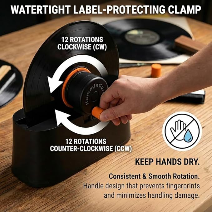 HumminGuru EZ Record Washer, Manual Vinyl Record Cleaner Machine with Easy Spin & Watertight Label Clamp, Record Cleaning Kit with Gentle Goat-Hair Brushes, Alcohol-Free LP Fluid, Drying Rack & Cloth
