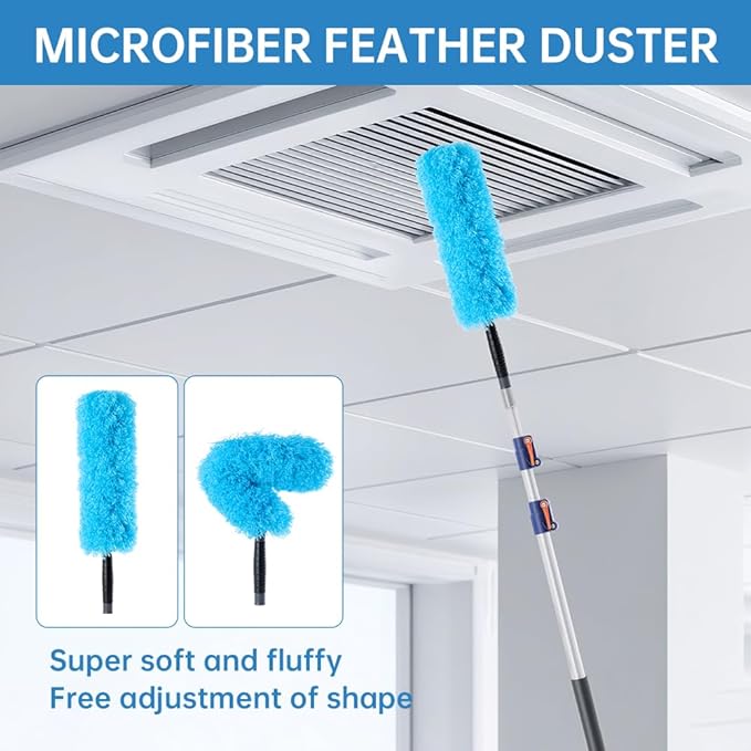 30 FT High Reach Cleaning Kit with 7-30 Foot Telescoping Extension Pole, Flexible Ceiling Fan Duster, Microfiber Feather Duster, Cobweb Duster & Window Squeegee & Washer