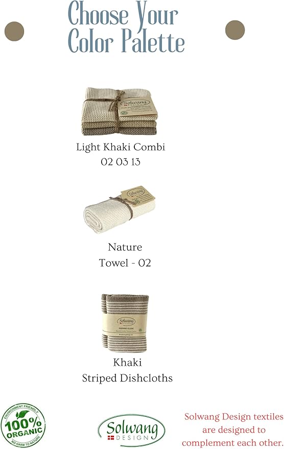 Solwang 3-Piece Danish Cotton Dishcloths in 100% Certified Organic Cotton Made in India (Khaki Organic Combi), 619317045637