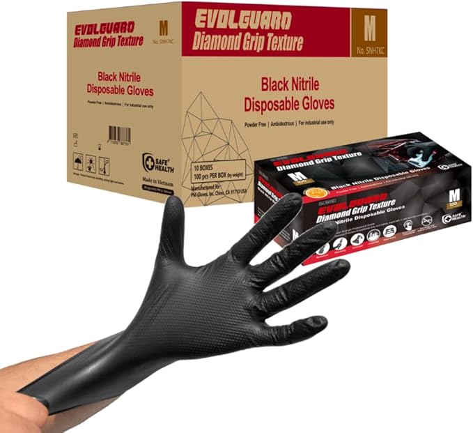 Safe Health Nitrile Industrial Disposable Gloves, Black 6 Mil, Orange 8 Mil, Diamond Textured