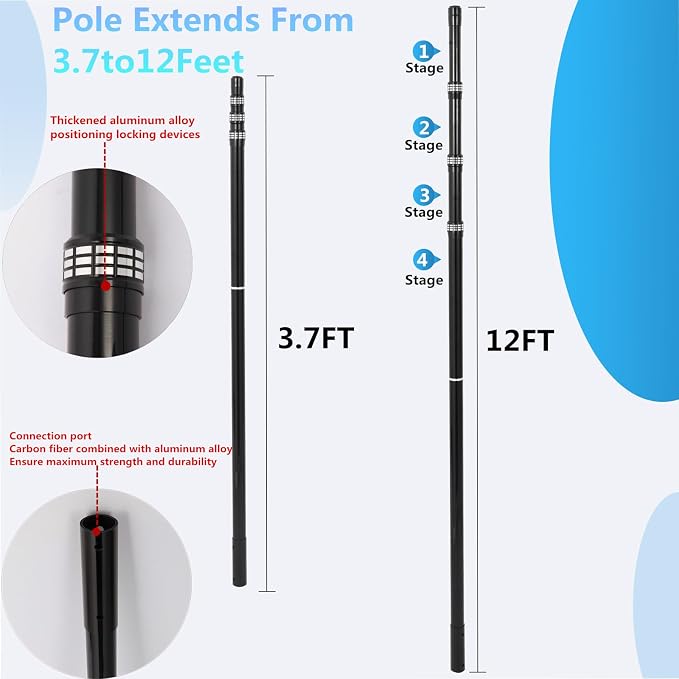Swimming Pool Pole Carbon Fiber，Pool Skimmer Pole Telescopic Swimming，Pool Cleaning Pole, Advanced Adjustable Telescopic Pole, Used for Skimming nets, Brushes, Vacuum Heads (12Feet)