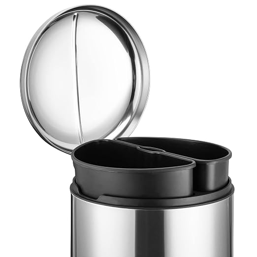 Fashionwu Trash Can, 2 x 4 Gallon (2 x 15 Liter) Stainless Steel Trash Can, Includes 2 Removable Inner Bins, Soft Close Lid Kitchen Recycling Bin, Suitable for Home, Office, Business, Silver