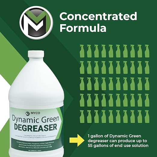 Myco Dynamic Green Degreaser 4 Gal – Biodegradable Heavy-Duty Cleaner & Concentrate, pH 12.4, VOC-Free, Makes 55 Gal, Commercial & Residential Multi-Surface Use: Kitchen, Equipment, Fire Restoration