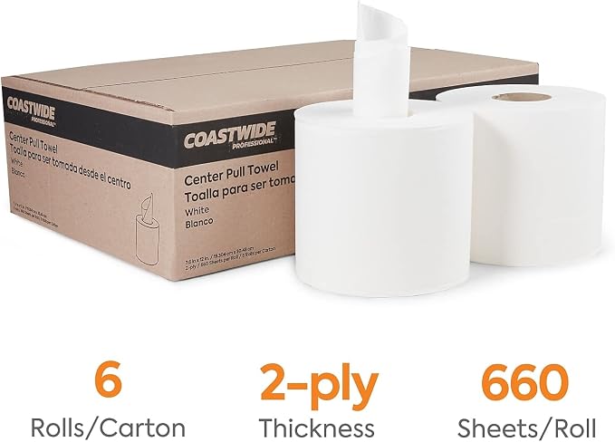 Coastwide Professional Centerpull Paper Towels, 2-Ply, White, 660 Sheets/Roll, 6 Rolls/Carton