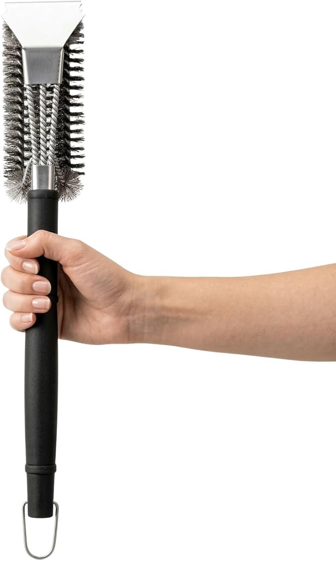 Restaurantware Met Lux 18.5-Inch Grill Brush 1 Durable Grill Cleaning Tool - Triple Head Brush For All Types Of Grills Silver Stainless Steel 201 Grill Accessory Iron Twist Wire Design