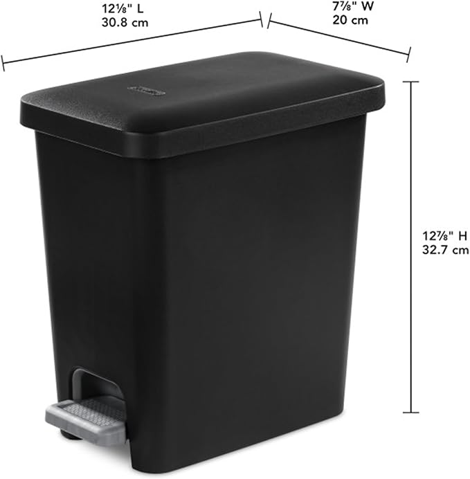 Sterilite 2.7 Gallon Rectangular StepOn Wastebasket with Lid, Small Plastic Trash Can for the Bathroom, Bedroom or Home Office, Pedal and Liner, Black, 2-Pack