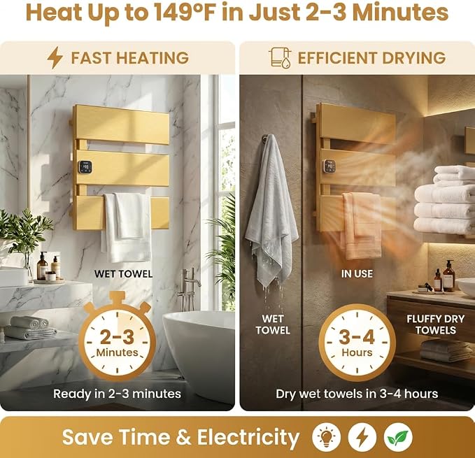 L Series Electric Towel Warmer for Bathroom, 3 Panel, Gold | Thermo Control and Timer, Fast Heat in 3 Mins, Dry Towels in 4 hrs, Memory Function, Work with Smart Plug, Left-Wiring