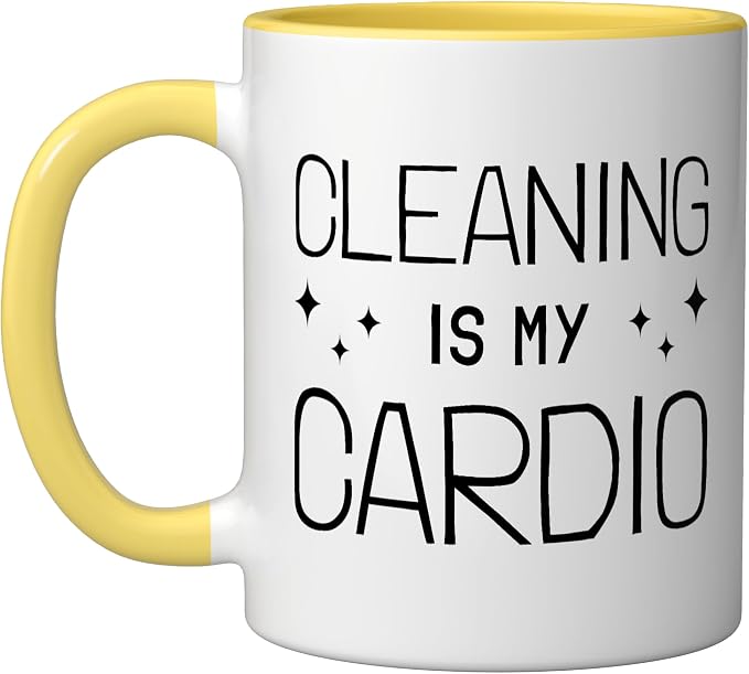Neat Freak I Cleaning Is My Cardio I Neat Freak Ceramic Mug, Yellow/White