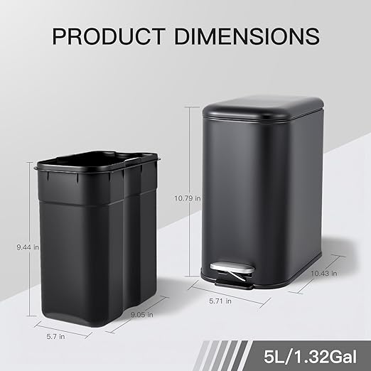 Bathroom Trash Can with Lid, 5L/1.3 gal Stainless Steel Step Trash Can, Slim Small Wastebasket with Removable Inner Bucket for Toilet Bedroom Office