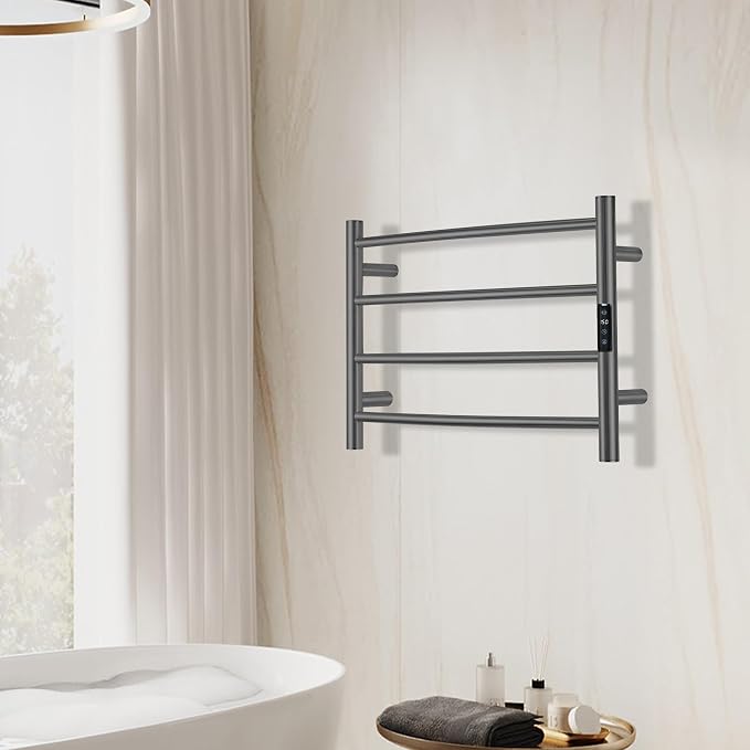 Electric Towel Rack with Voice Control for Alexa & Google Home,TUYA - Wall-Mounted Bathroom Heating Towel Warmer,Plug-in,Stainless Steel Material,16.54x23.62x5.51 in,Gunmetal Grey，4 Bars