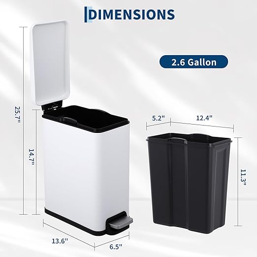 Garvee Small Bathroom Trash Can with Lid, 10 Liter / 2.6 Gallon Stainless Steel Garbage Can with Removable Inner Bucket & Step Pedal, Slim Metal Trash Bin for Toilet, Bedroom, Kitchen, Office, White