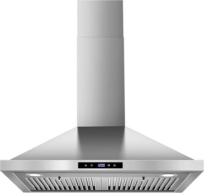Tieasy Wall Mount Range Hood 30 inch Kitchen Hood 700 CFM with Ducted/Ductless Convertible Duct, Touch Control, Permanent Filters, Stainless Steel, 3 Speed Exhaust Fan, LED Light