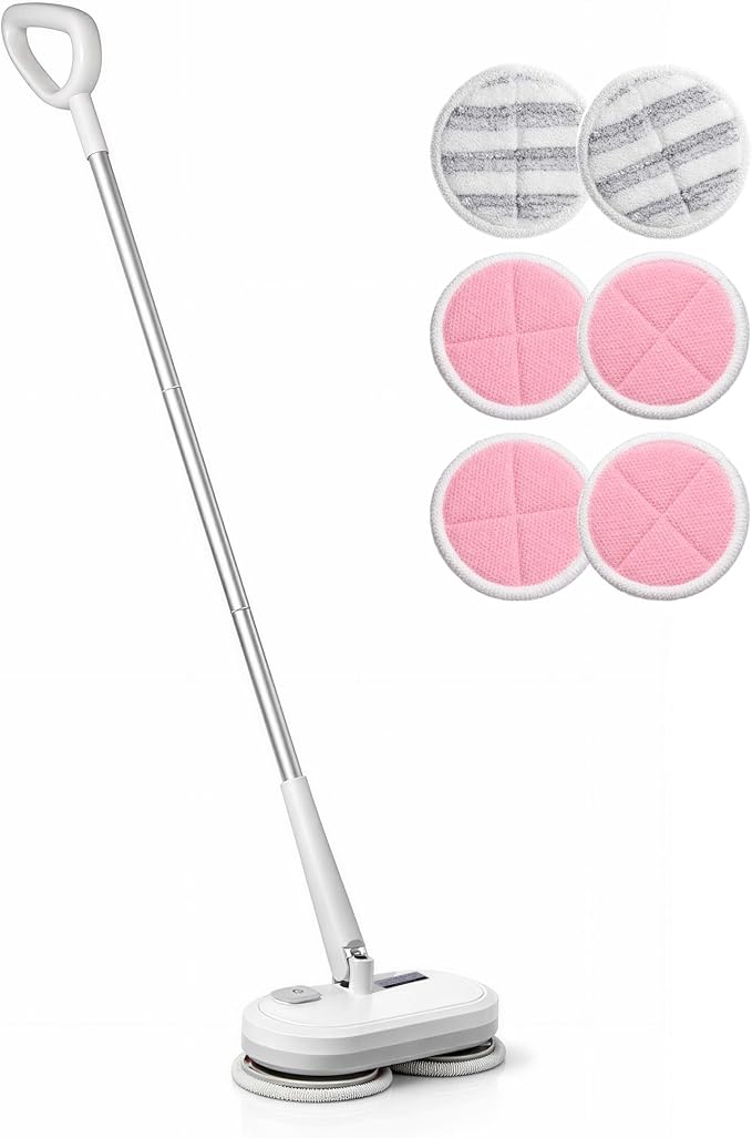 GOBOT Cordless Electric Spin Mop - Lightweight Powerful Cleaner for Hardwood, Tile, Laminate & Vinyl Floors with 6 Washable Pads (White and red)
